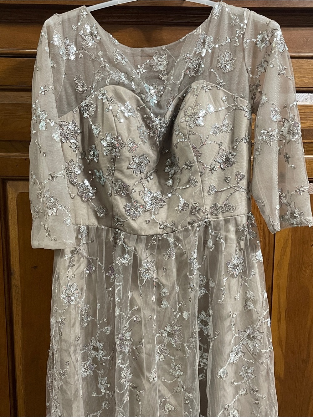 Elegant Embroidered Sequined Formal Dress Champagne NWOT Sz. 12 w corset back